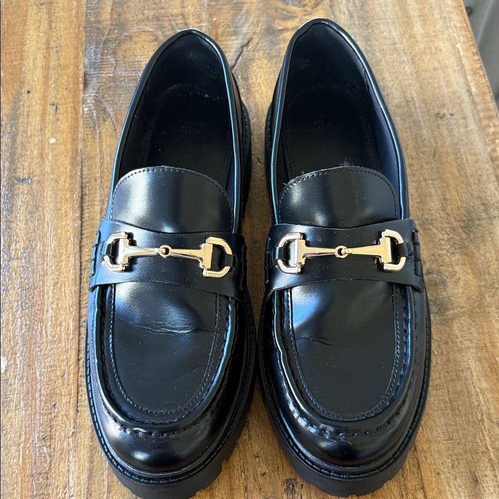 H&M Black Leather Loafers with Gold Bit Detail